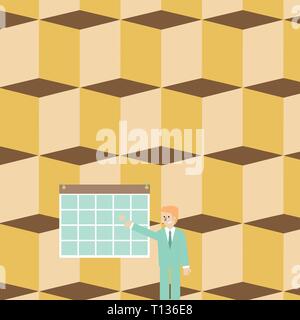 Businessman Smiling and Pointing to Colorful Calendar with Star Hang on Wall Design business concept Empty copy space modern abstract background Stock Vector