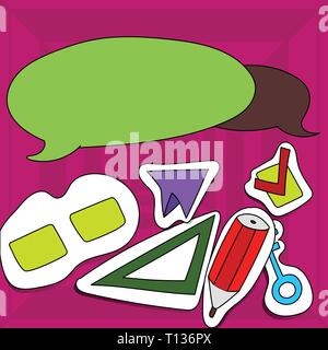 Two Blank Colorful Speech Balloon and Different Labels Sticker Style Icons Design business concept Empty copy text for Web banners promotional materia Stock Vector
