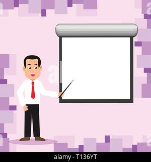 Man in Necktie Talking Holding Stick Pointing to Blank White Screen on Wall Design business concept Empty copy text for Web banners promotional materi Stock Vector