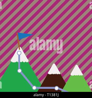 Three Mountains with Hiking Trail and White Snowy Top with Flag on One Peak Design business concept Empty copy space modern abstract background Stock Vector