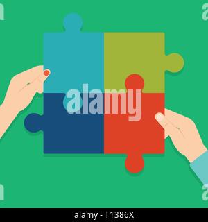 Four Blank Multi Color Jigsaw Puzzle Tile Pieces Put Together by Human Hands Copy Space design Empty template text for Ad, promotion, poster, flyer, w Stock Vector