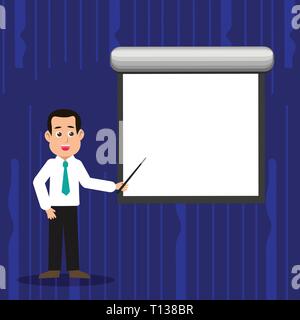 Man in Necktie Talking Holding Stick Pointing to Blank White Screen on Wall Design business concept Empty copy space modern abstract background Stock Vector