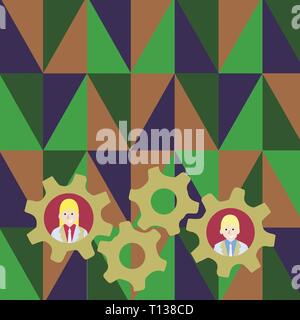 Two Business People Each Inside Colorful Cog Wheel Gears for Teamwork Event Business concept Empty template copy space isolated Posters coupons promot Stock Vector