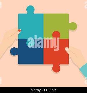 Four Blank Multi Color Jigsaw Puzzle Tile Pieces Put Together by Human Hands Design business concept Empty copy text for Web banners promotional mater Stock Vector
