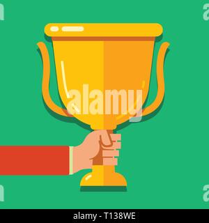 Hand Holding Blank Golden Championship Winners Cup Trophy with Reflection Copy Space design Empty template text for Ad, promotion, poster, flyer, web  Stock Vector