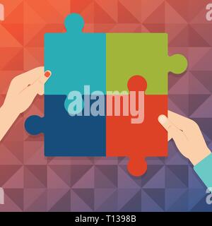 Four Blank Multi Color Jigsaw Puzzle Tile Pieces Put Together by Human Hands Design business concept Empty template copy space text for Ad website iso Stock Vector