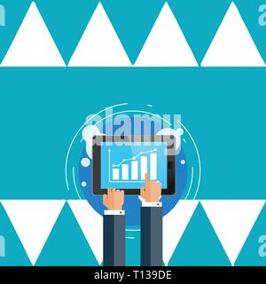 Businessman Hand Touching Pointing to Bar Line Chart on Smartphone Screen. Design business concept Empty copy text for Web banners promotional materia Stock Vector