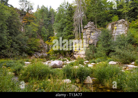 cliffy part in the middle section of the river Murg; Northern Black Forest, Germany, wild nature in the Murg valley near Forbach Stock Photo