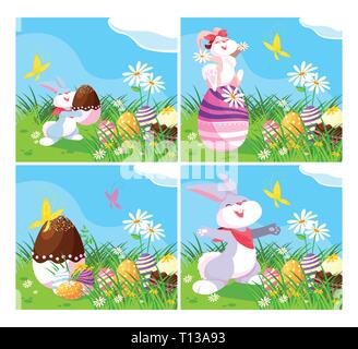 cards with rabbits and eggs of easter in garden vector illustration design Stock Vector