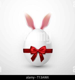 Happy Easter. Vector realistic Easter egg with red bow and Easter Bunny ears, isolated on a gray background. Stock Vector