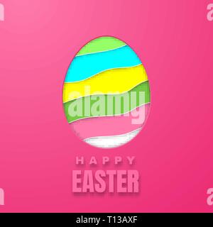 Happy Easter Greeting Card with Easter Bunny. Color Paper Easter Egg on Pink Background. Vector illustration. Stock Vector