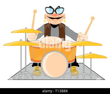 Cartoon men musician bespectacled playing on music tools drum Stock Vector