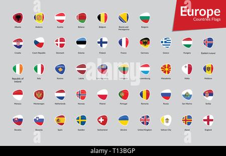 European Continent Countries Flags vector icon collection Stock Vector