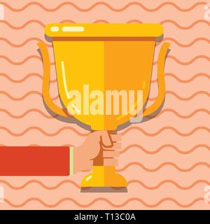 Hand Holding Blank Golden Championship Winners Cup Trophy with Reflection Business Empty template for Layout for invitation greeting card promotion po Stock Vector
