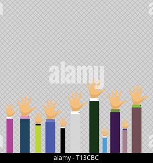 Hands of Several Businessmen Raising Up Above the Head, Palm Facing Front Business concept Empty template copy space isolated Posters coupons promotio Stock Vector