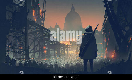 young man with gun looking at crowd of people in apocalyptic city, digital art style, illustration painting Stock Photo