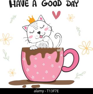 cute cat licking hand in cup of coffee, hand drawn Stock Vector
