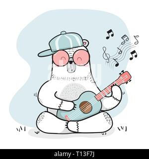 cute doodle white bear plays guitar Stock Vector