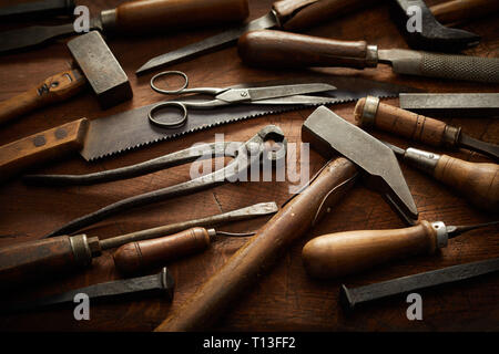 Old wooden handled woodworking tools with screwdrivers, mallet or ...