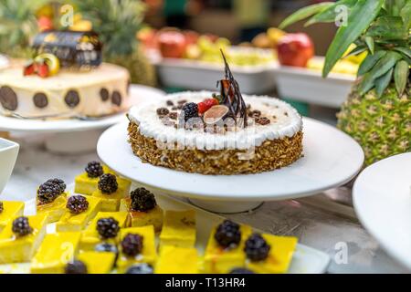 Close up of a fruit and chocolate cream cheese cake as a centre piece on a luxury all you can eat buffet in a hotel. Stock Photo