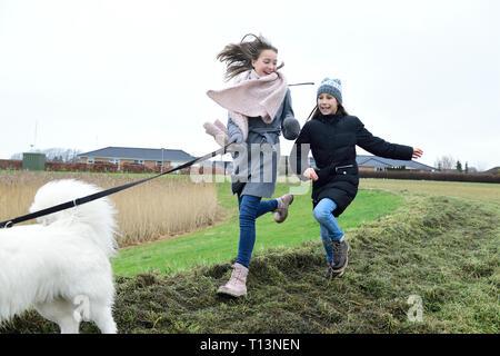 Two girls running on a meadow with dog having fun Stock Photo