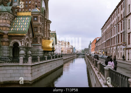 Saint Petersburg, Russia, May 20: View of the embankment of the Griboedov Canal with the townspeople and guests walking along it, May 20, 2013. Stock Photo