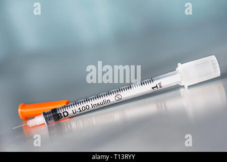 Insulin Syringe, 1 ml, 1 cc 100 Units Stock Photo