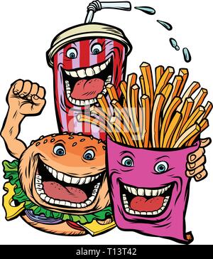Burger Cola drink fries potatoes. fast food characters friends lunch Stock Vector