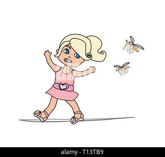 Girl runs away from mosquitoes Stock Vector