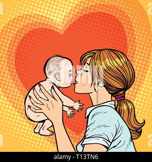 mom kisses baby, woman mother Stock Vector