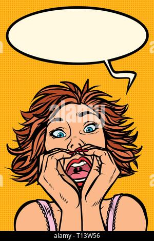 Funny woman screams, strange facial expressions. Comic cartoon pop art ...