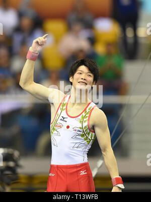 Doha, Qatar. 22nd Mar, 2019. Kaito Imabayashi celebrates after the men's pommel horse final of the 12th FIG Artistic Gymnastics World Cup in Doha, Qatar, on March 22, 2019. Credit: Nikku/Xinhua/Alamy Live News Stock Photo