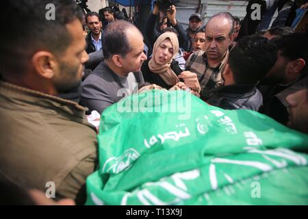 March 23, 2019 - Al-Mograga, The Gaza Strip, Palestine - Palestinians mourners Nidal Shatat 29 years old from al-Mograga in the middle of the Gaza strip during his funeral, Nidal killed by Israeli troops during his participation in the Great March of Return eastern of the Gaza strip yesterday. Credit: Hassan Jedi/Quds Net News/ZUMA Wire/Alamy Live News Stock Photo