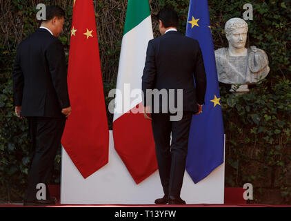 Rome, Italy. 23rd March, 2019. Italy's Premier Giuseppe Conte, right, welcomes China's President Xi Jinping at Villa Madama. Credit: Riccardo De Luca UPDATE IMAGES/Alamy Live News Stock Photo