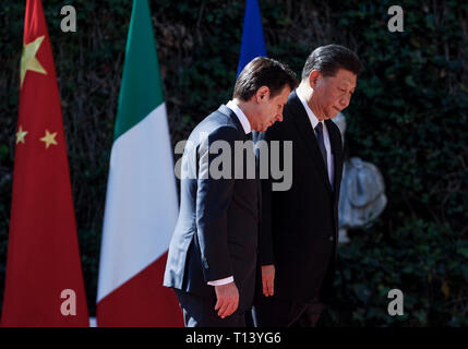 Rome, Italy. 23rd March, 2019. Italy's Premier Giuseppe Conte, left, welcomes China's President Xi Jinping at Villa Madama. Credit: Riccardo De Luca UPDATE IMAGES/Alamy Live News Stock Photo