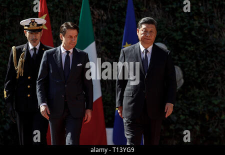 Rome, Italy. 23rd March, 2019. Italy's Premier Giuseppe Conte, left, welcomes China's President Xi Jinping at Villa Madama. Credit: Riccardo De Luca UPDATE IMAGES/Alamy Live News Stock Photo