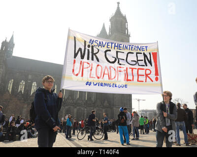 Magdeburg, Germany. 23rd Mar, 2019. #Savetheinternet, Wir gegen Upload-Filter, #Wernigerode' is written on a banner that two boys are holding under the motto 'Save the Internet' at the demonstration against upload filters on the occasion of the planned EU copyright reform. Shortly before the decisive vote on the reform of copyright in the EU Parliament, thousands in Europe protested against the project. Opponents of the reform and especially of the controversial Article 13 had announced demonstrations in about 20 countries. Credit: Peter Gercke/dpa-Zentralbild/dpa/Alamy Live News Stock Photo