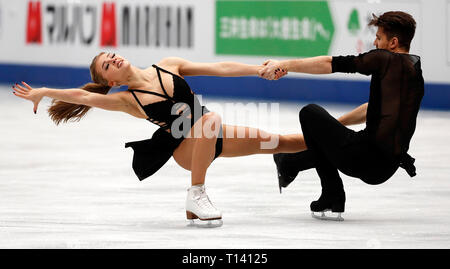 (190323) -- SAITAMA, March 23, 2019 (Xinhua) -- Alexandra Stepanova (L)/Ivan Bukin of Russia perform during the ice dance free dance competition of 2019 ISU World Figure Skating Championships at Saitama Super Arena in Saitama, Japan, on March 23, 2019. Alexandra Stepanova/Ivan Bukin ranked 4th with 208.52 in total. (Xinhua/Wang Lili) Stock Photo