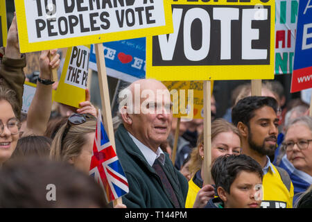 London, UK. 23 March, 2019. ‘Put It To The People March’, organised by the People’s Vote Campaign and run by British pro-European campaign group Open Britain, takes place in central London, starting at Park Lane via Piccadilly to Parliament Square and attracting demonstrators from across the country who want a new Brexit referendum. Lib Dems leader Vince Cable MP at the head of the march. Credit: Malcolm Park/Alamy Live News. Stock Photo