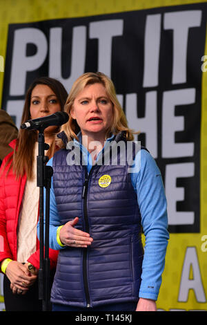 London, UK.  23rd March 2019: Justine Greening adreesses the crowd on stage in Parliament Square. One million people are estimated to have marched through London calling for the public to be given a final say on Brexit. Credit: claire doherty/Alamy Live News Stock Photo