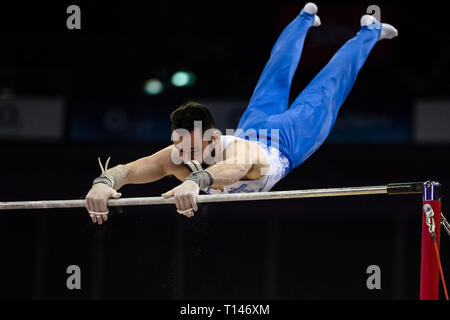 London, UK. 23rd March, 2019. James Hall performs High Bar during the Matchroom Multisport presents the 2019 Superstars of Gymnastics at The O2 Arena on Saturday, 23 March 2019. LONDON ENGLAND. Credit: Taka G Wu/Alamy News Stock Photo