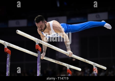 London, UK. 23rd March, 2019. James Hall performs on the Parallel Bars during the Matchroom Multisport presents the 2019 Superstars of Gymnastics at The O2 Arena on Saturday, 23 March 2019. LONDON ENGLAND. Credit: Taka G Wu/Alamy News Stock Photo