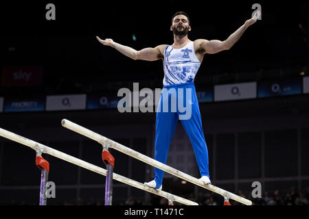 London, UK. 23rd March, 2019. James Hall performs on the Parallel Bars during the Matchroom Multisport presents the 2019 Superstars of Gymnastics at The O2 Arena on Saturday, 23 March 2019. LONDON ENGLAND. Credit: Taka G Wu/Alamy News Stock Photo