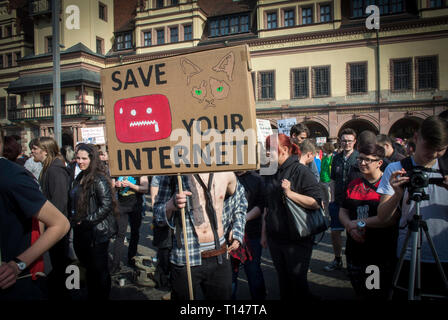 Save Your Internet Protest in Leipzig, Germany. Protesting against the Copyright Directive known as Article 13 officially called The European Union Directive on Copyright in the Digital Single Market, It requires the likes of YouTube, Facebook and Twitter to take more responsibility for copyrighted material being shared illegally on their platforms. It's known as Article 13 its most controversial serction. Critics claim it will have a detrimental impact on creators online.  Credit: Craig Stennett/Alamy Live News 23/3/2019 Leipzig, Germany