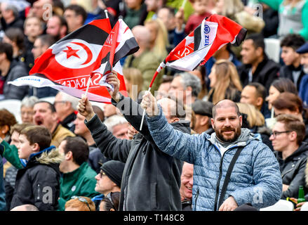 Saracens supporters during the Aviva Premiership match between Saracens and Harlequins at the London Stadium, Queen Elizabeth Olympic Park , London, England on 23 March 2019. Photo by Phil Hutchinson. Editorial use only, license required for commercial use. No use in betting, games or a single club/league/player publications.
