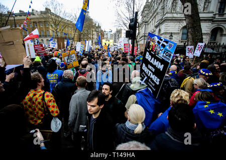 A large crowd outside the cabinet office, with many placards, on Whitehall, The People's Vote March, London, March 2019 Stock Photo