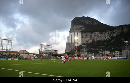 Republic of Ireland's David McGoldrick (left) and Gibraltar's Roy Chipolina (right) battle for the ball during the UEFA Euro 2020 Qualifying, Group D match at the Victoria Stadium, Gibraltar. Stock Photo