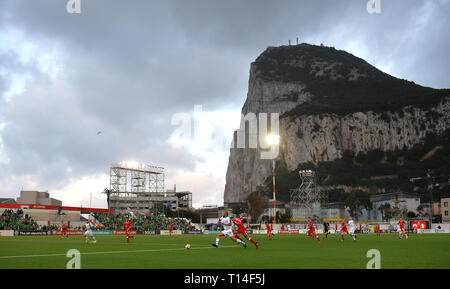 Republic of Ireland's David McGoldrick (left) and Gibraltar's Roy Chipolina (right) battle for the ball during the UEFA Euro 2020 Qualifying, Group D match at the Victoria Stadium, Gibraltar. Stock Photo