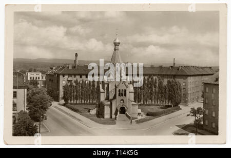 Orthodox Church dedicated to Saint Gorazd in Olomouc, Czechoslovakia, now Czech Republic, depicted in the Czechoslovak undated vintage postcard. The church was designed and built in 1937-1939 by Czechoslovak orthodox priest Vsevolod Kolomackij, later known as Andrej Kolomacký. Courtesy of the Azoor Postcard Collection. Stock Photo