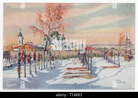 Graves of the fallen Czechoslovak legionaries in Chelyabinsk, Russia, depicted in the watercolour painting by Czech artist Jindřich Vlček painted on 26 November 1918 and printed on the Czechoslovak vintage postcard from the series 'Pictures from the life and fights of the Czechoslovak legions in Russia' ('Pohledy ze života a bojů československých legií v Rusku') issued in Czechoslovakia in the 1920s. The Czechoslovak cemetery was destroyed by the Bolsheviks in the 1930s as well as the Virgin Hodegetria Convent (Odigitrievsky Convent) seen in the background. Courtesy of the Azoor Postcard Colle Stock Photo